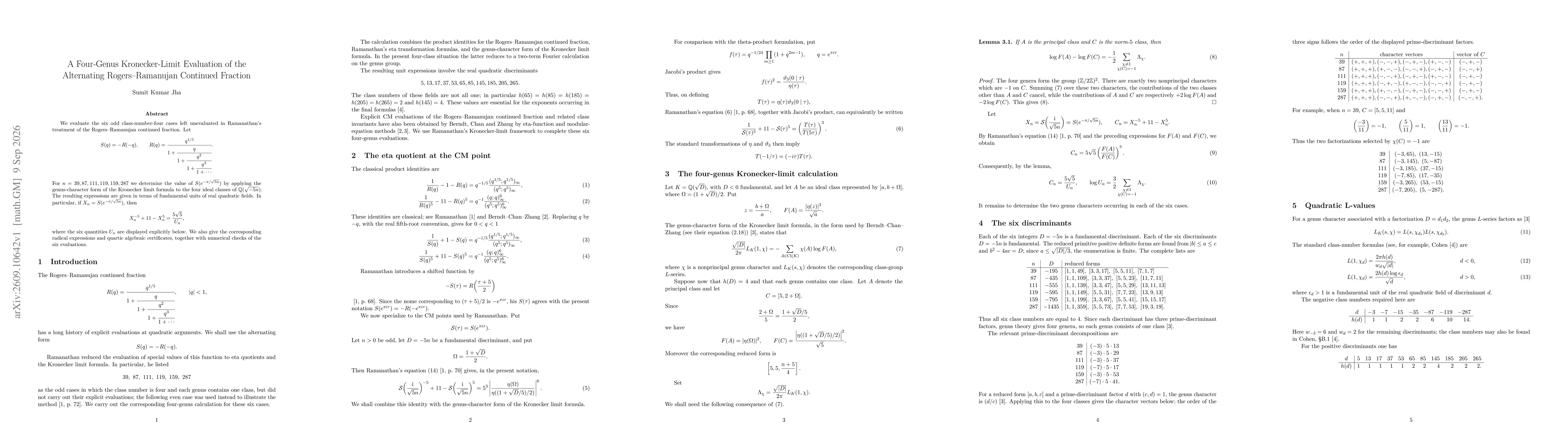 Thumbnail for A Four-Genus Kronecker-Limit Evaluation of the Alternating Rogers-Ramanujan Continued Fraction
