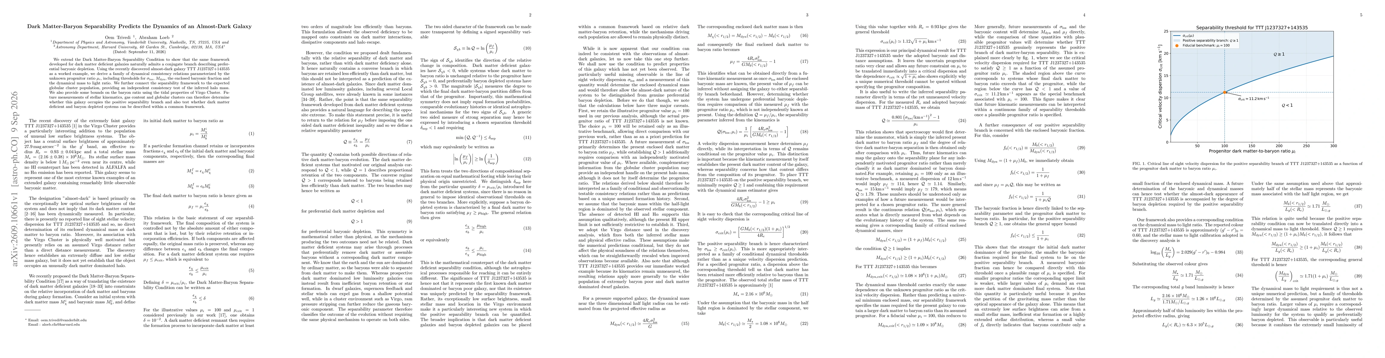 Thumbnail for Dark Matter-Baryon Separability Predicts the Dynamics of an Almost-Dark Galaxy