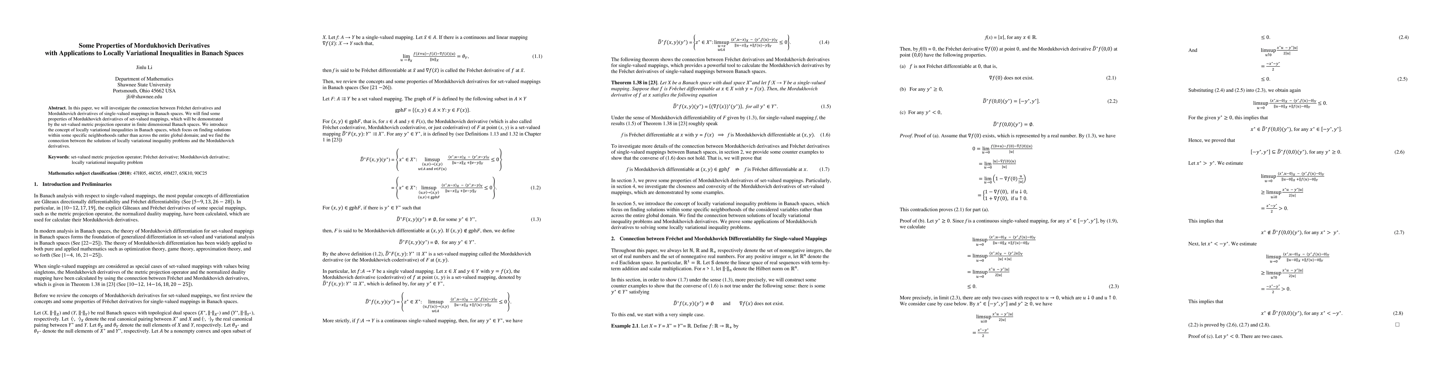 Thumbnail for Some Properties of Mordukhovich Derivatives with Applications to Locally Variational Inequalities in Banach Spaces