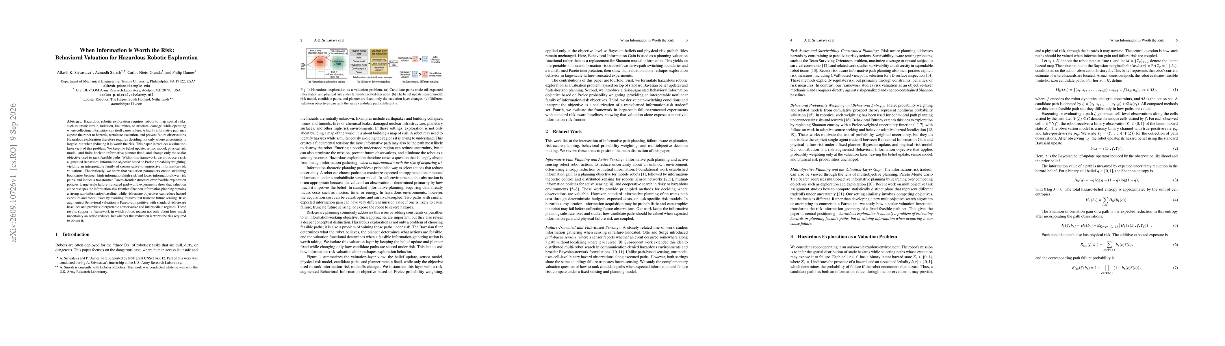 Thumbnail for When Information is Worth the Risk: Behavioral Valuation for Hazardous Robotic Exploration