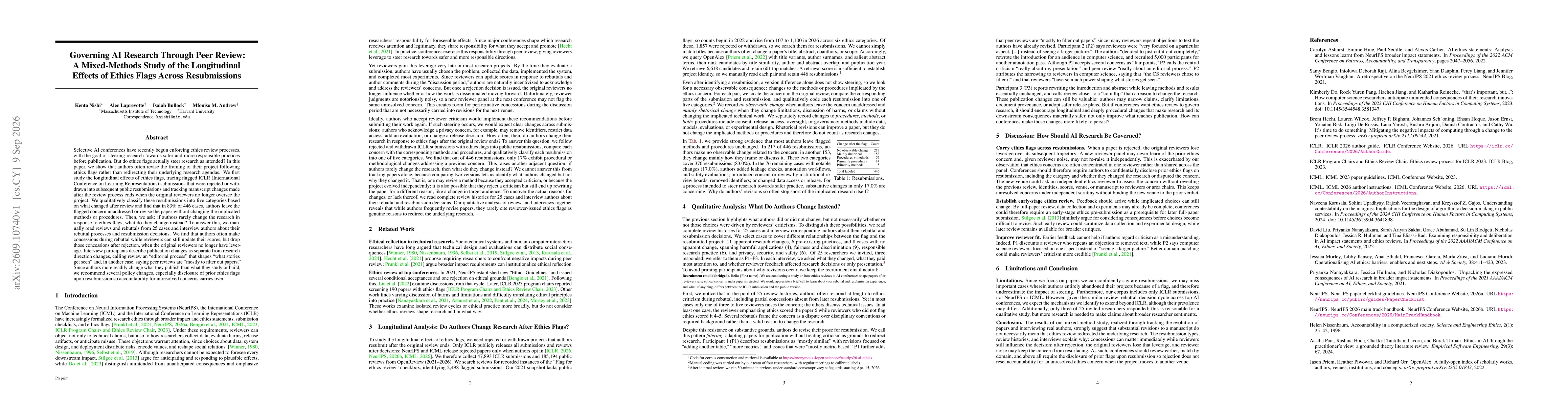 Thumbnail for Governing AI Research Through Peer Review: A Mixed-Methods Study of the Longitudinal Effects of Ethics Flags Across Resubmissions