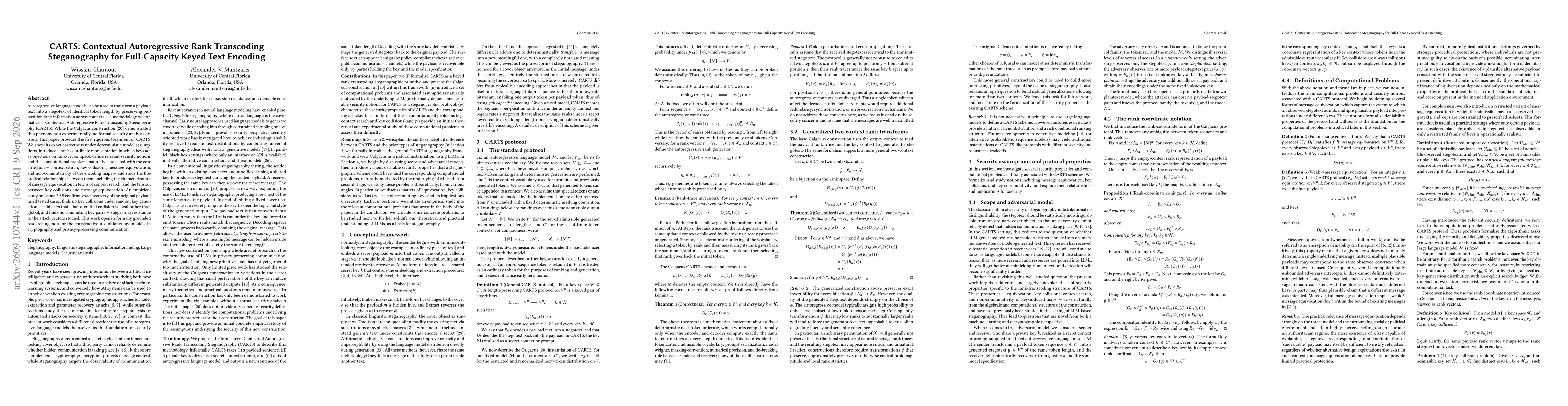 Thumbnail for CARTS: Contextual Autoregressive Rank Transcoding Steganography for Full-Capacity Keyed Text Encoding