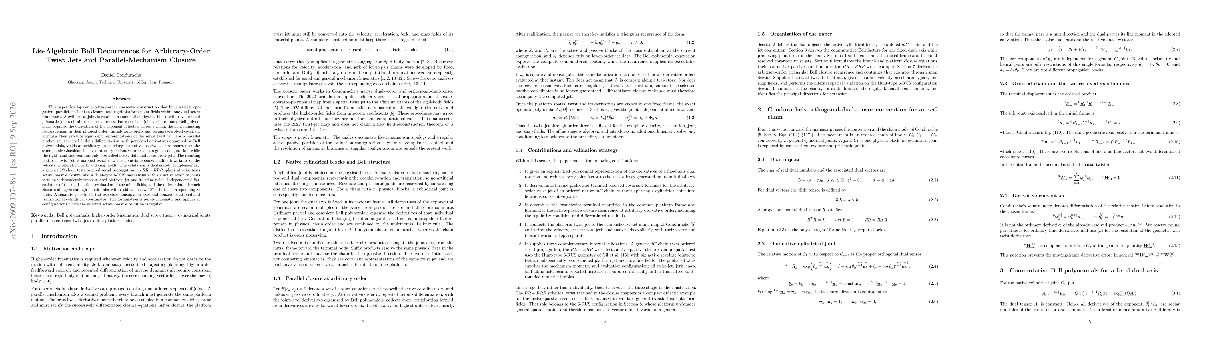 Thumbnail for Lie-Algebraic Bell Recurrences for Arbitrary-Order Twist Jets and Parallel-Mechanism Closure