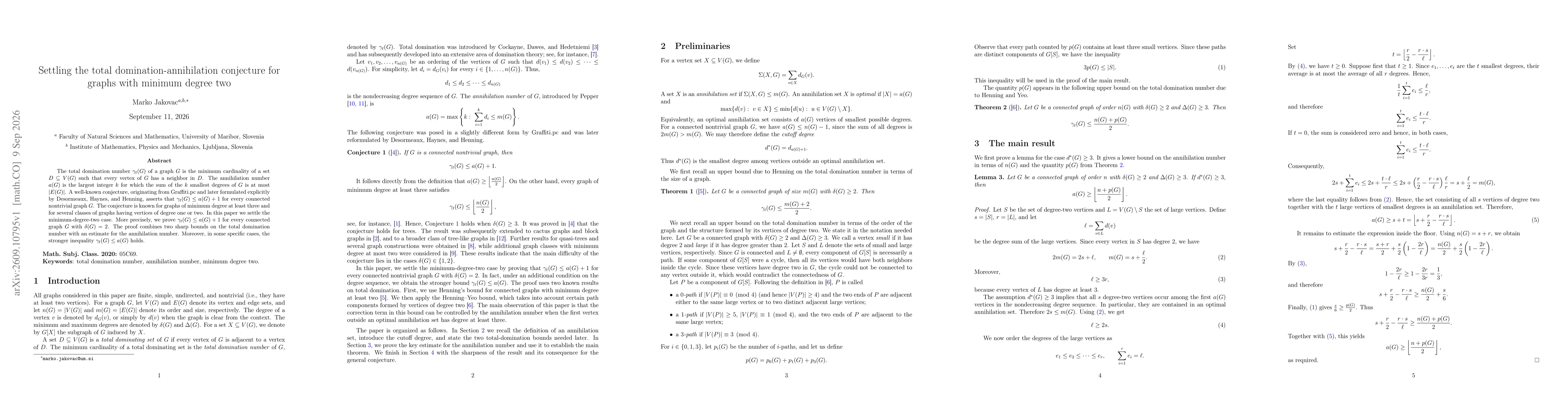 Thumbnail for Settling the total domination-annihilation conjecture for graphs with minimum degree two