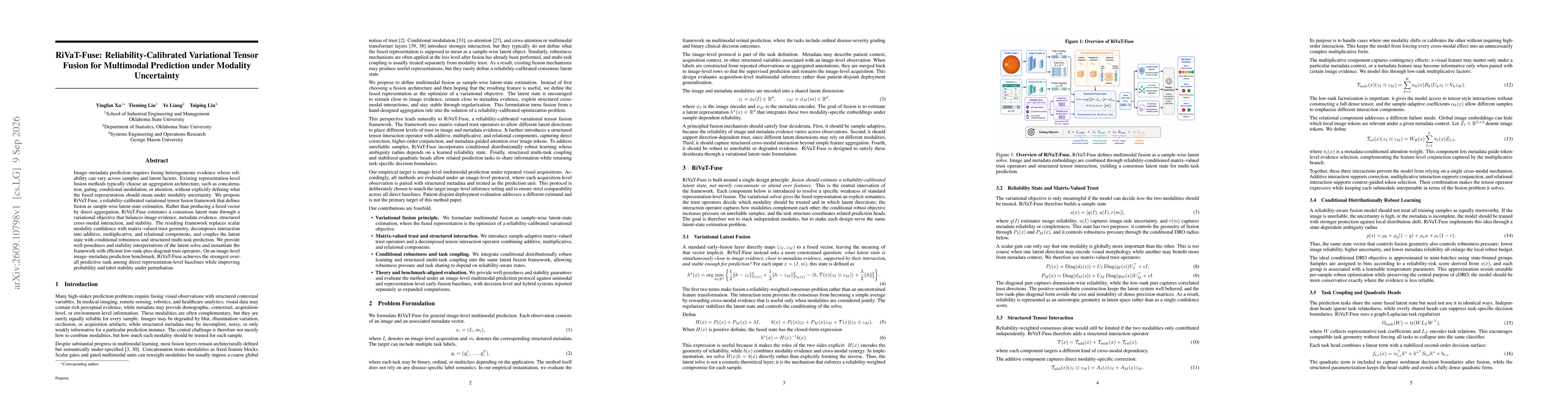 Thumbnail for RiVaT-Fuse: Reliability-Calibrated Variational Tensor Fusion for Multimodal Prediction under Modality Uncertainty