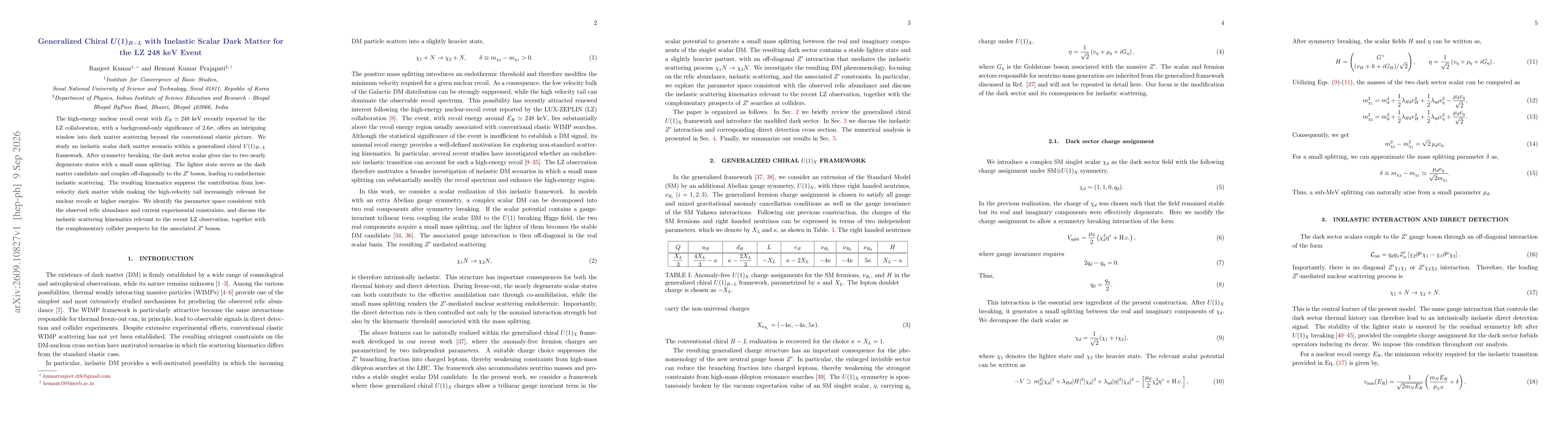Thumbnail for Generalized Chiral $U(1)_{B-L}$ with Inelastic Scalar Dark Matter for the LZ 248 keV Event