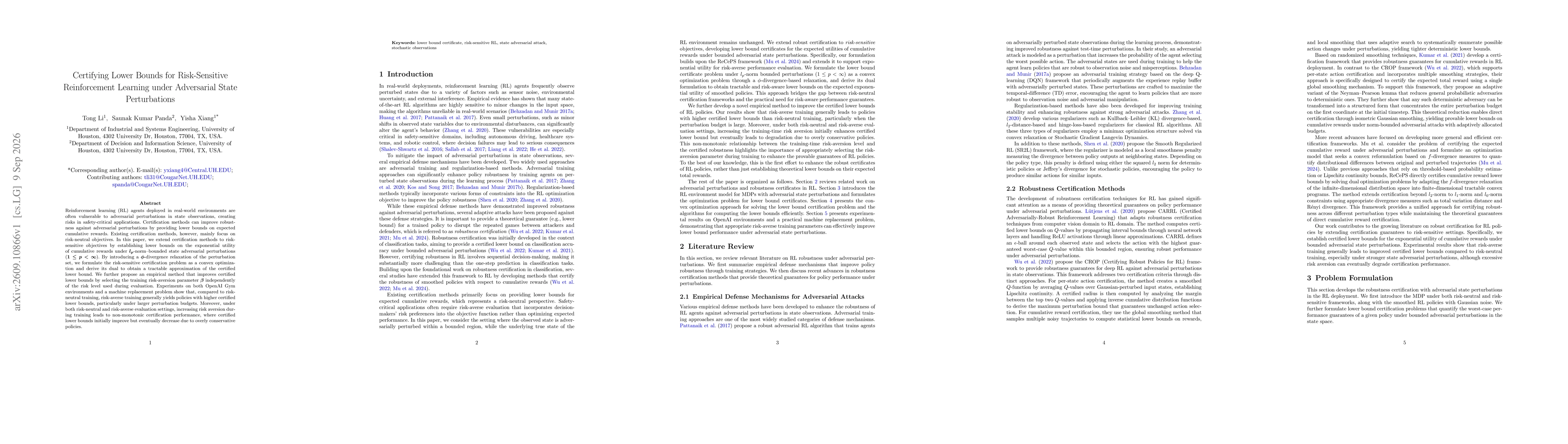 Thumbnail for Certifying Lower Bounds for Risk-Sensitive Reinforcement Learning under Adversarial State Perturbations