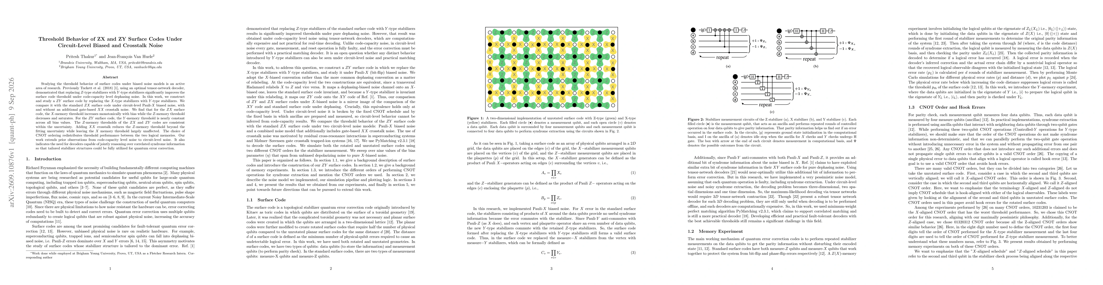 Thumbnail for Threshold Behavior of ZX and ZY Surface Codes Under Circuit-Level Biased and Crosstalk Noise