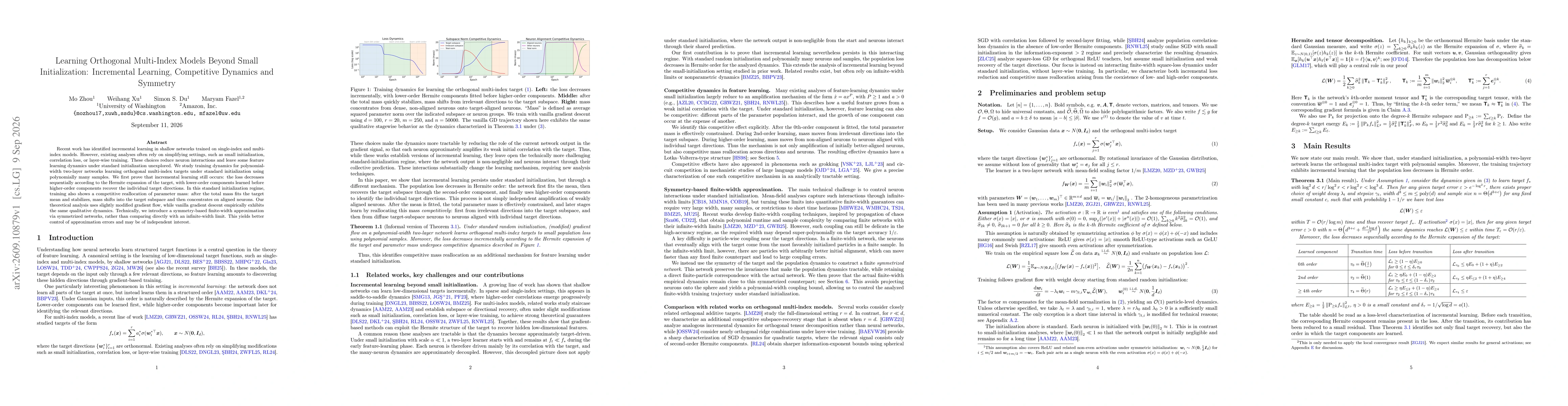 Thumbnail for Learning Orthogonal Multi-Index Models Beyond Small Initialization: Incremental Learning, Competitive Dynamics and Symmetry