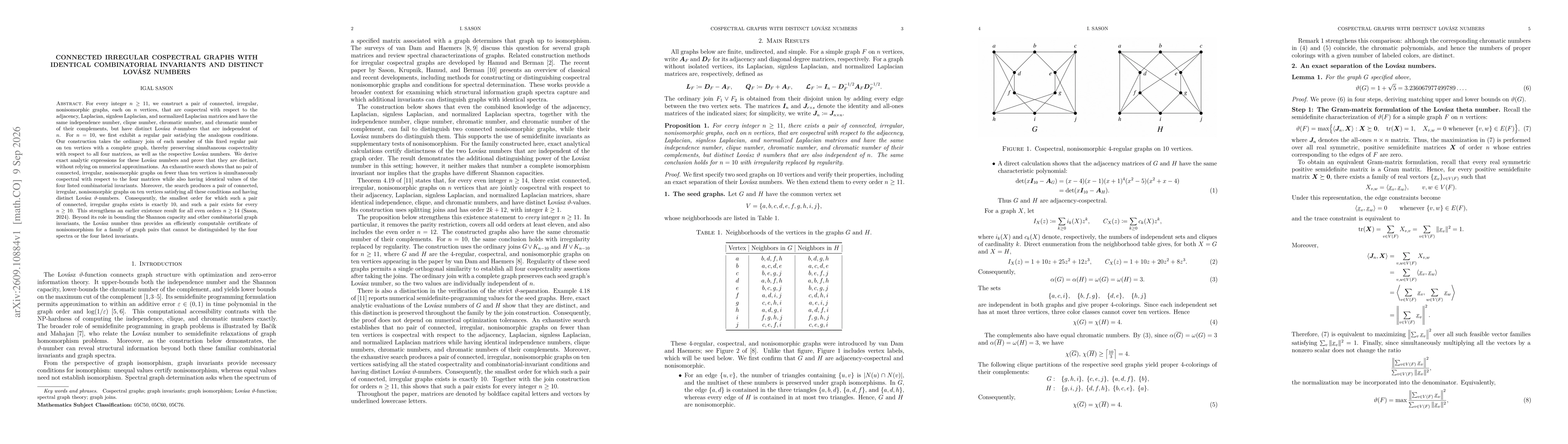 Thumbnail for Connected irregular cospectral graphs with identical combinatorial invariants and distinct Lovász numbers