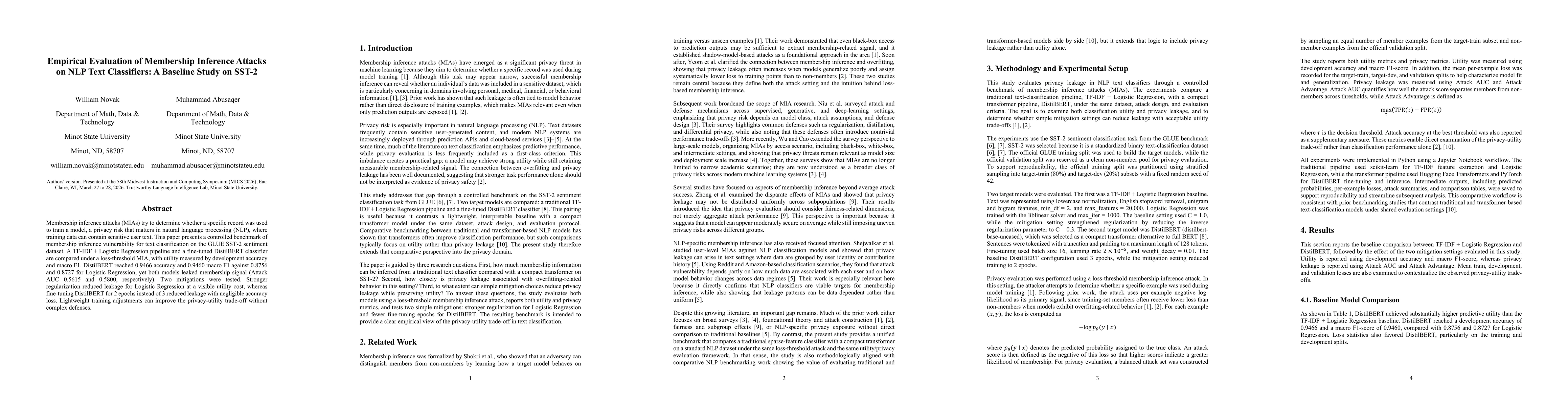 Thumbnail for Empirical Evaluation of Membership Inference Attacks on NLP Text Classifiers: A Baseline Study on SST-2