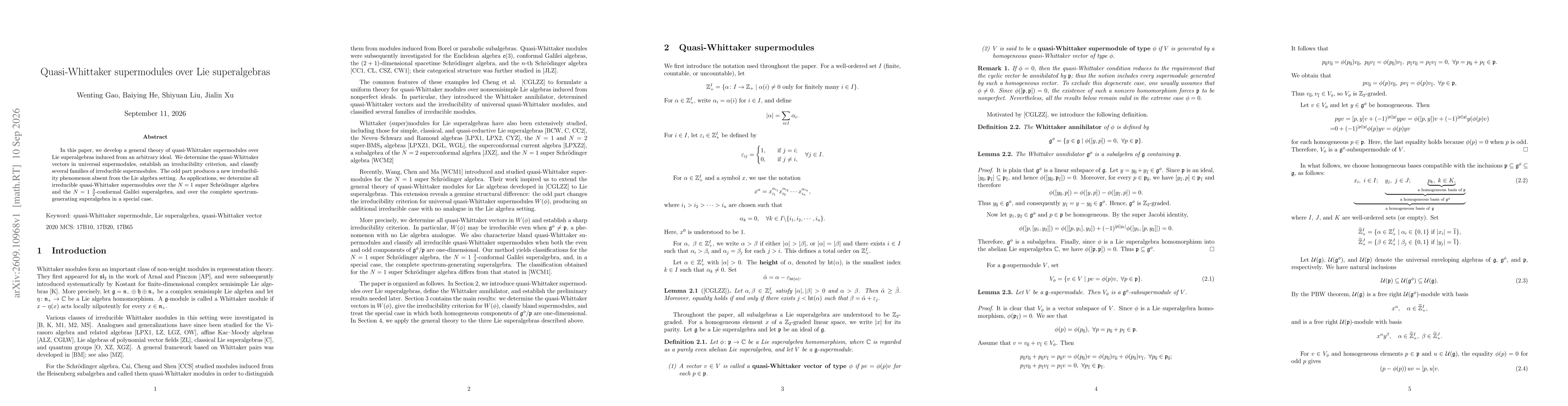 Thumbnail for Quasi-Whittaker supermodules over Lie superalgebras