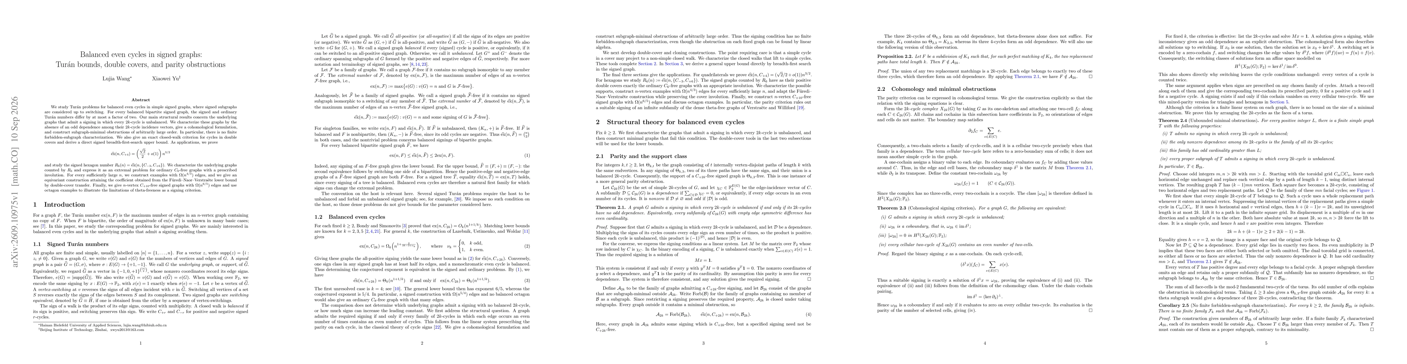 Thumbnail for Balanced even cycles in signed graphs:Turán bounds, double covers, and parity obstructions