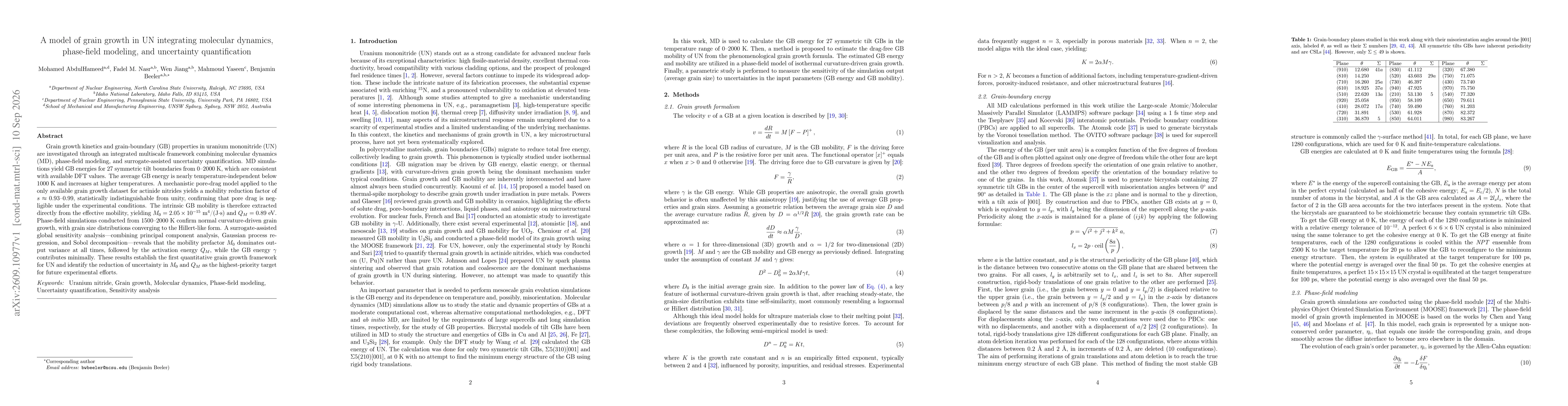 Thumbnail for A model of grain growth in UN integrating molecular dynamics, phase-field modeling, and uncertainty quantification