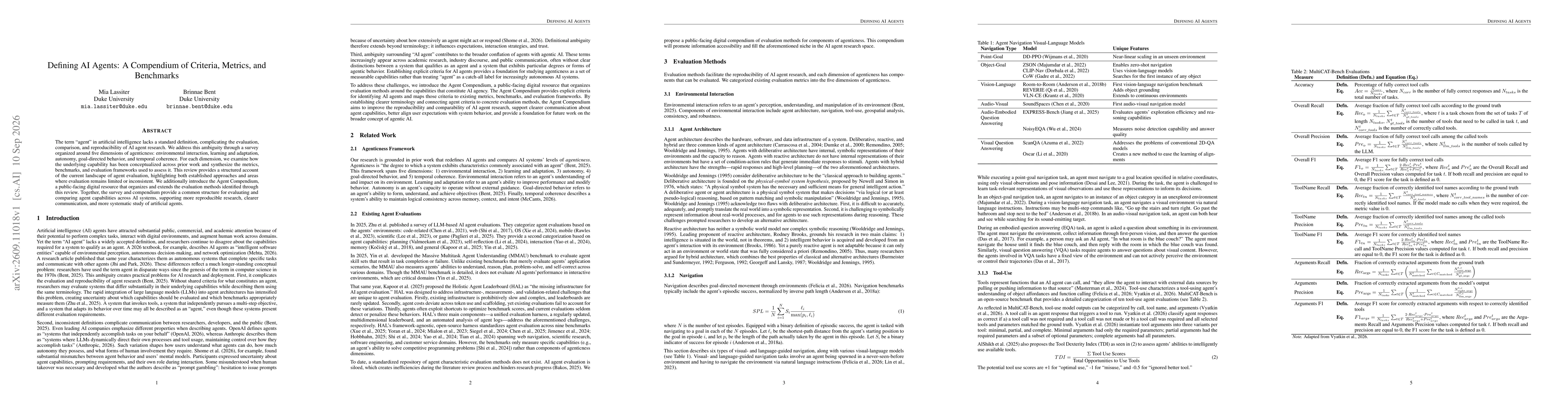 Thumbnail for Defining AI Agents: A Compendium of Criteria, Metrics, and Benchmarks