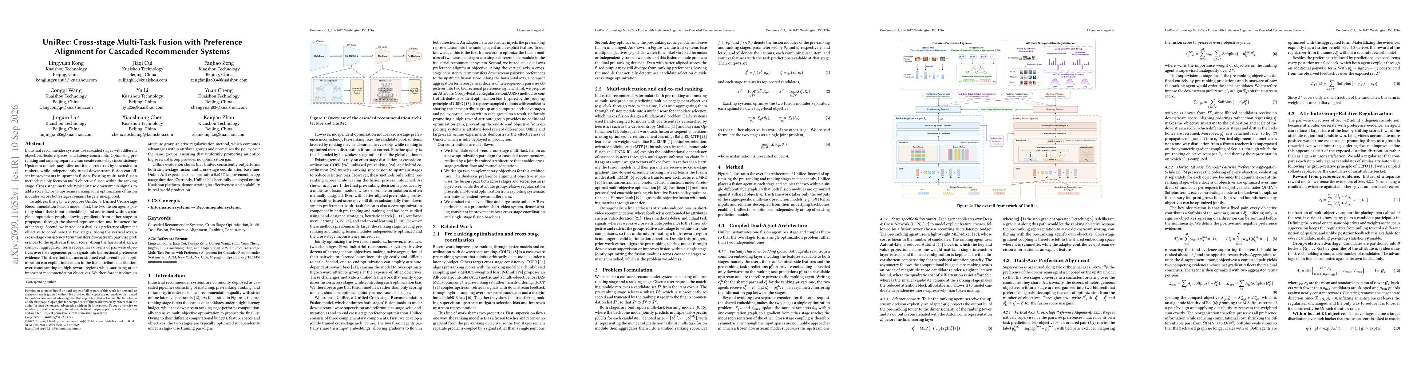 Thumbnail for UniRec: Cross-stage Multi-Task Fusion with Preference Alignment for Cascaded Recommender Systems