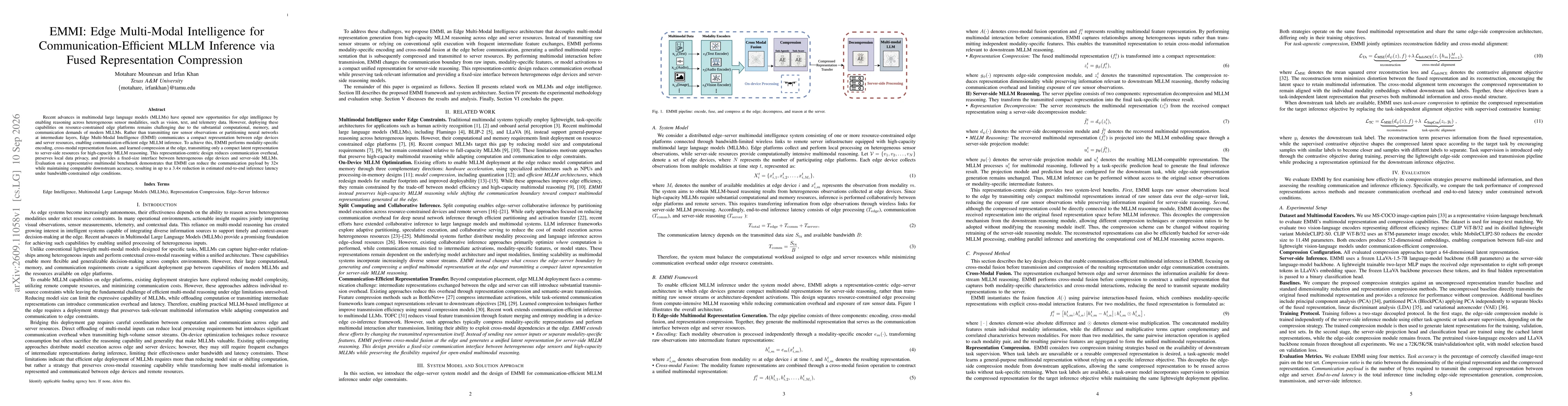 Thumbnail for EMMI: Edge Multi-Modal Intelligence for Communication-Efficient MLLM Inference via Fused Representation Compression