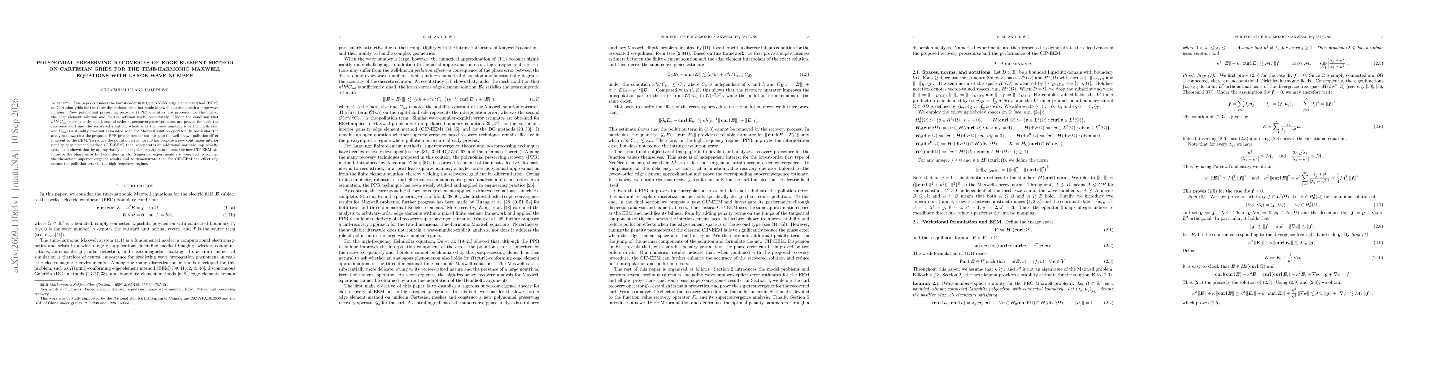 Thumbnail for Polynomial preserving recoveries of edge element method on Cartesian grids for the time-harmonic Maxwell equations with large wave number