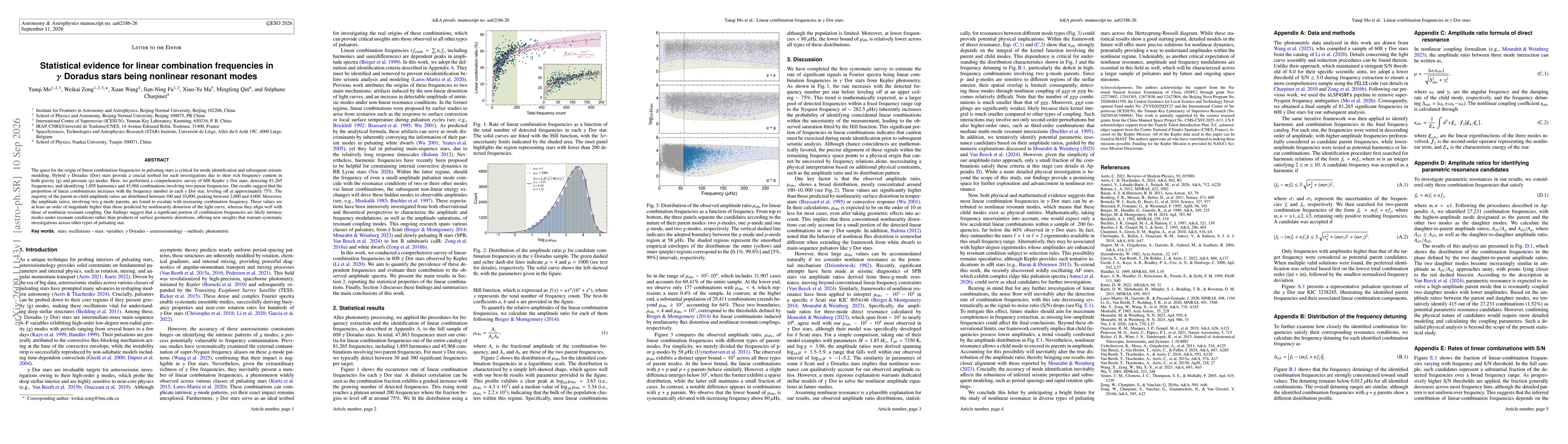 Thumbnail for Statistical evidence for linear combination frequencies in γ Doradus stars being nonlinear resonant modes