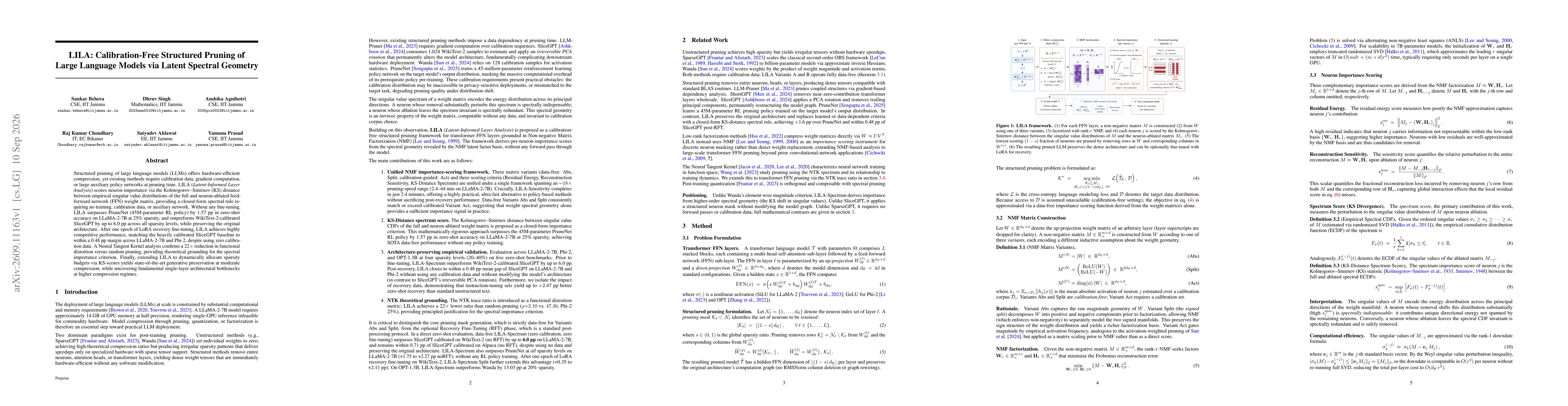 Thumbnail for LILA: Calibration-Free Structured Pruning of Large Language Models via Latent Spectral Geometry