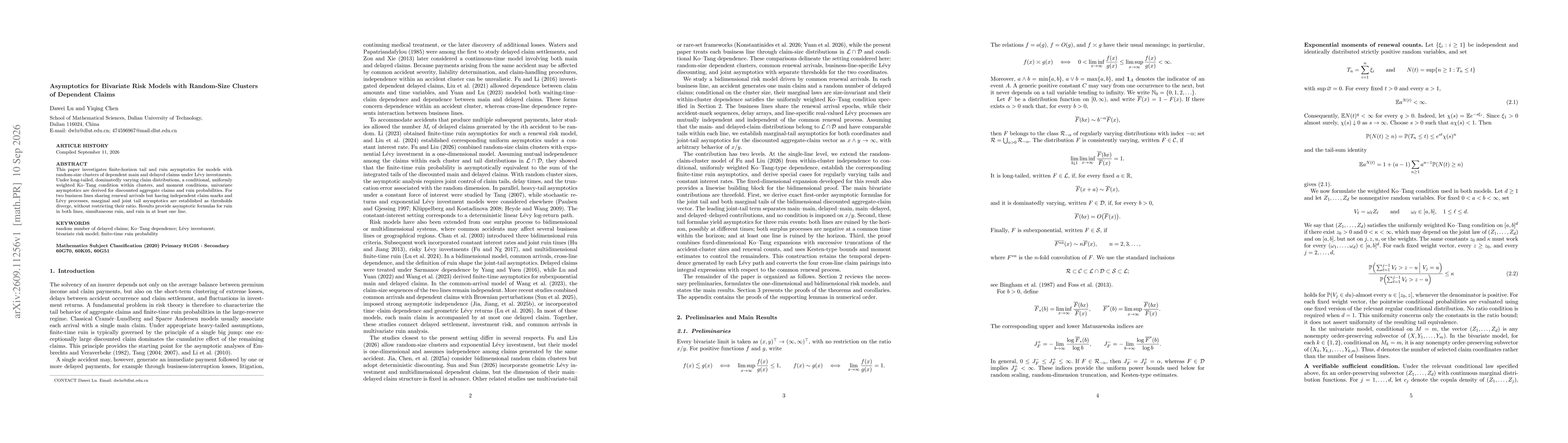 Thumbnail for Asymptotics for Bivariate Risk Models with Random-Size Clusters of Dependent Claims