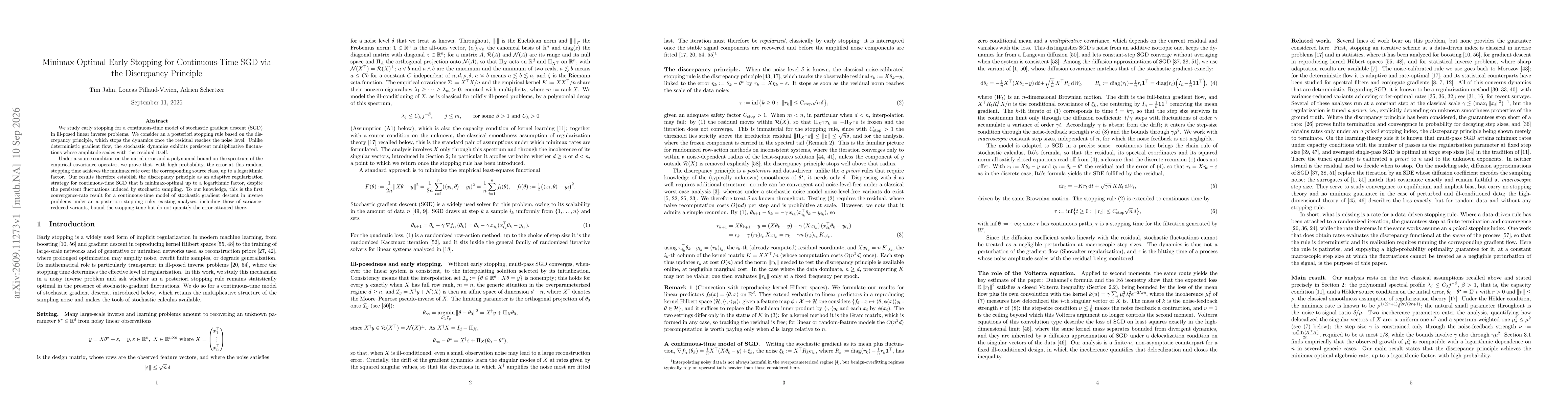 Thumbnail for Minimax-Optimal Early Stopping for Continuous-Time SGD via the Discrepancy Principle