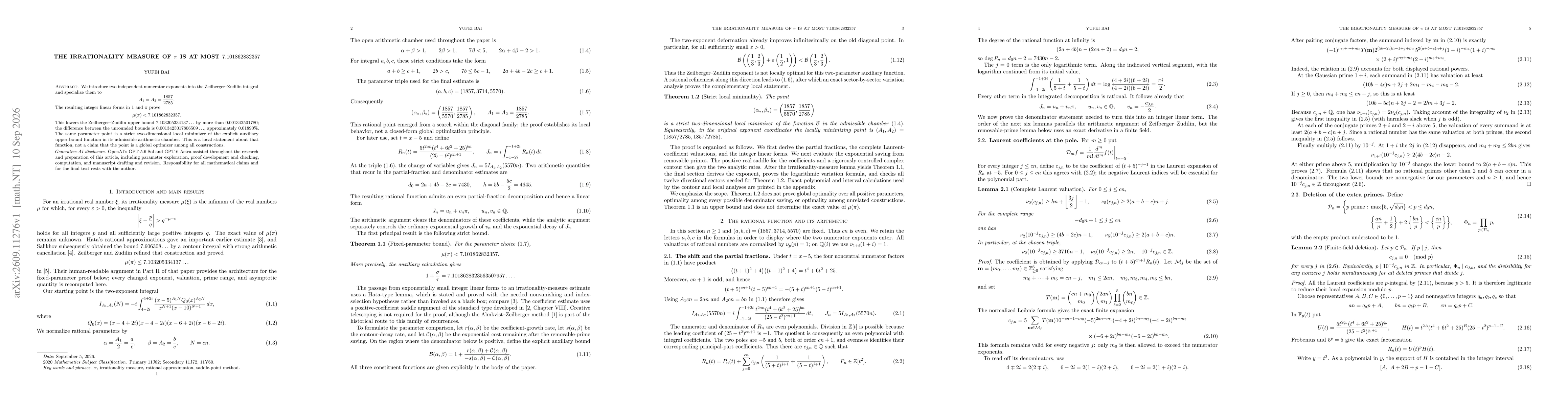 Thumbnail for The irrationality measure of π is at most 7.101862832357