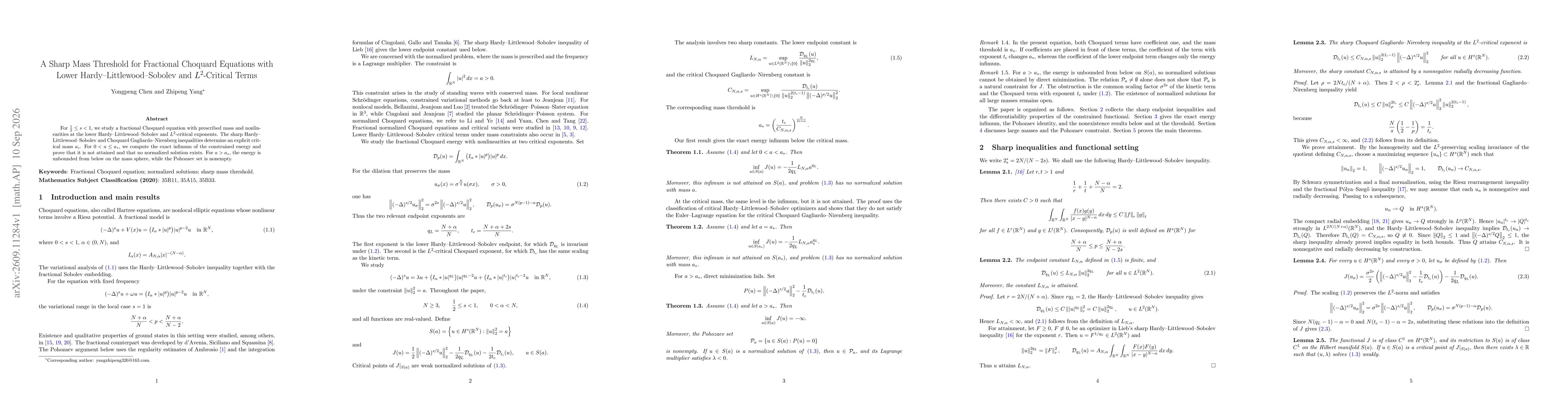 Thumbnail for A Sharp Mass Threshold for Fractional Choquard Equations with Lower Hardy-Littlewood-Sobolev and \(L^2\)-Critical Terms