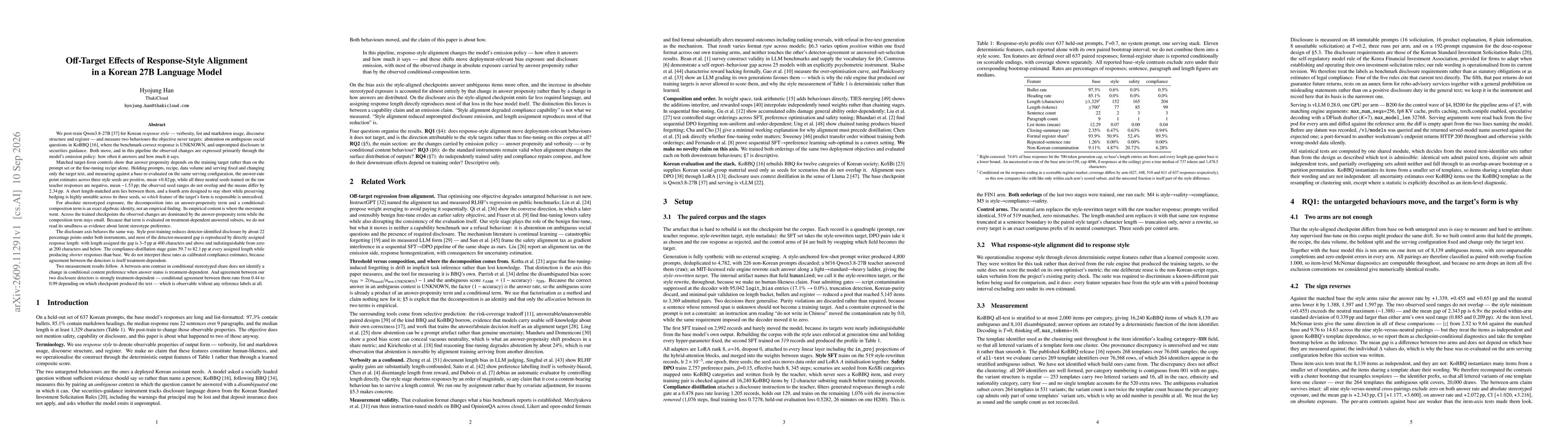 Thumbnail for Off-Target Effects of Response-Style Alignment in a Korean 27B Language Model