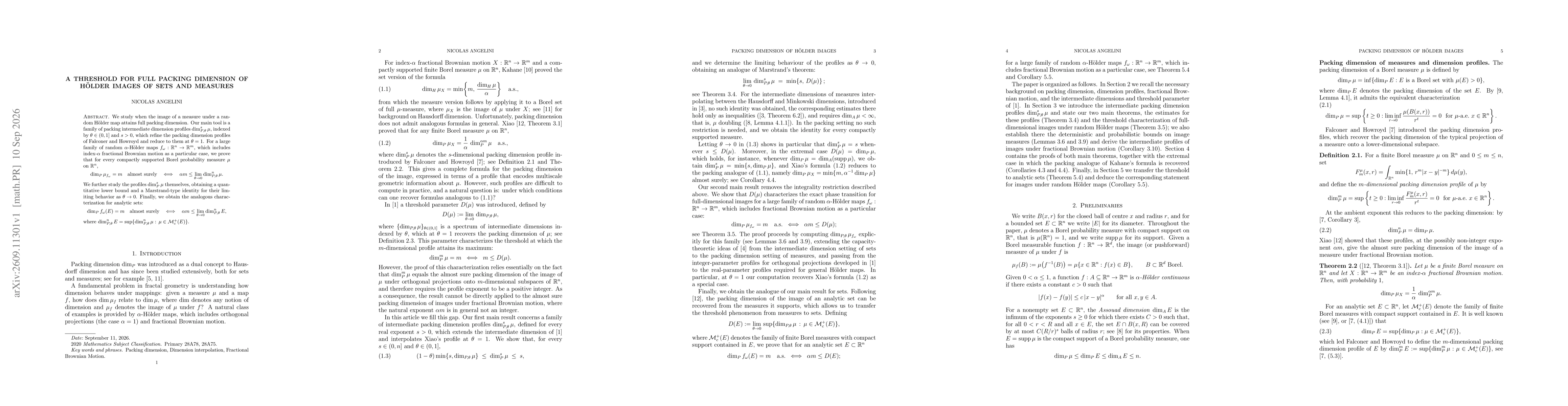 Thumbnail for A threshold for full packing dimension of Hölder images of sets and measures