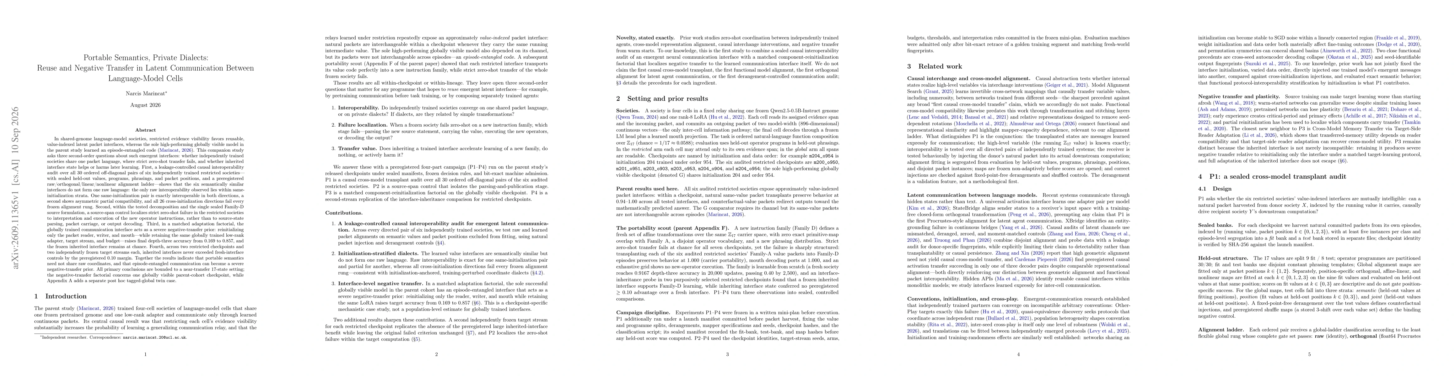 Thumbnail for Portable Semantics, Private Dialects: Reuse and Negative Transfer in Latent Communication Between Language-Model Cells