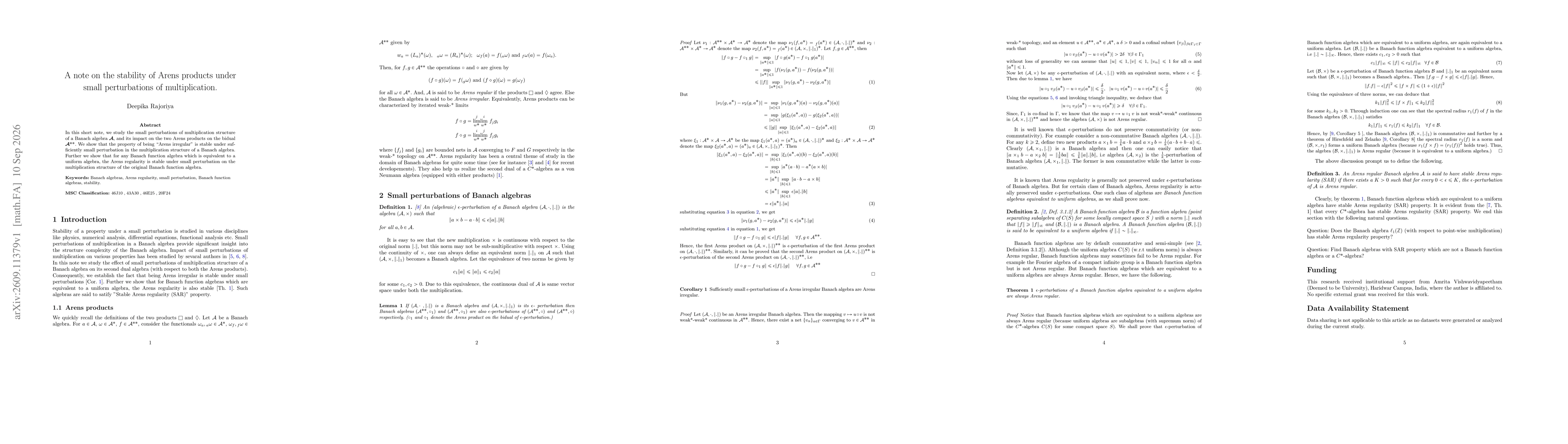 Thumbnail for A note on the stability of Arens products under small perturbations of multiplication