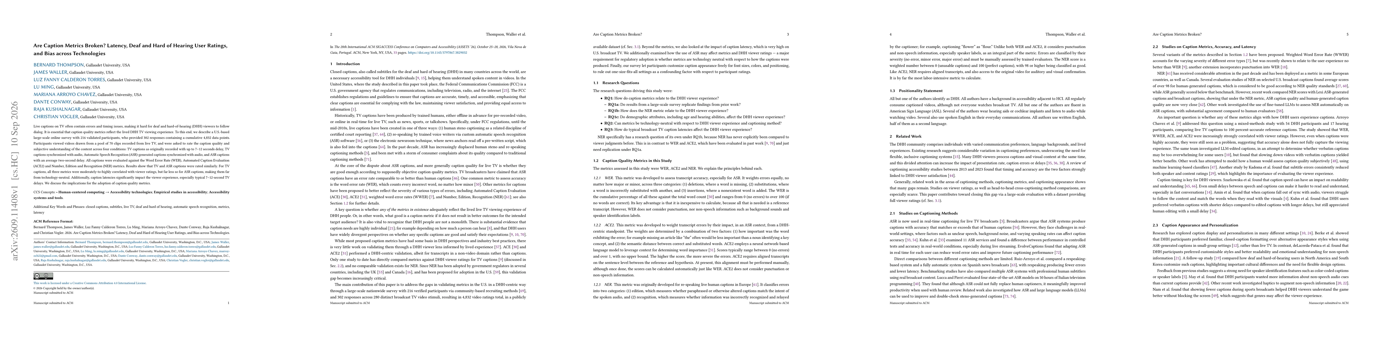 Thumbnail for Are Caption Metrics Broken? Latency, Deaf and Hard of Hearing User Ratings, and Bias across Technologies