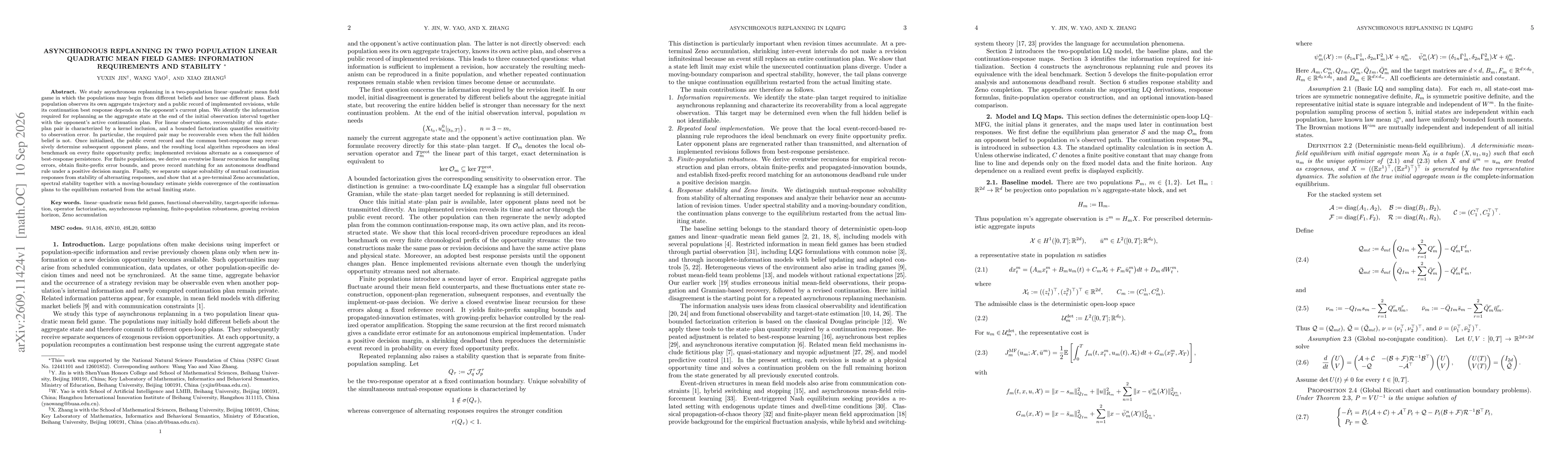 Thumbnail for Asynchronous Replanning in Two Population Linear Quadratic Mean Field Games: Information Requirements and Stability