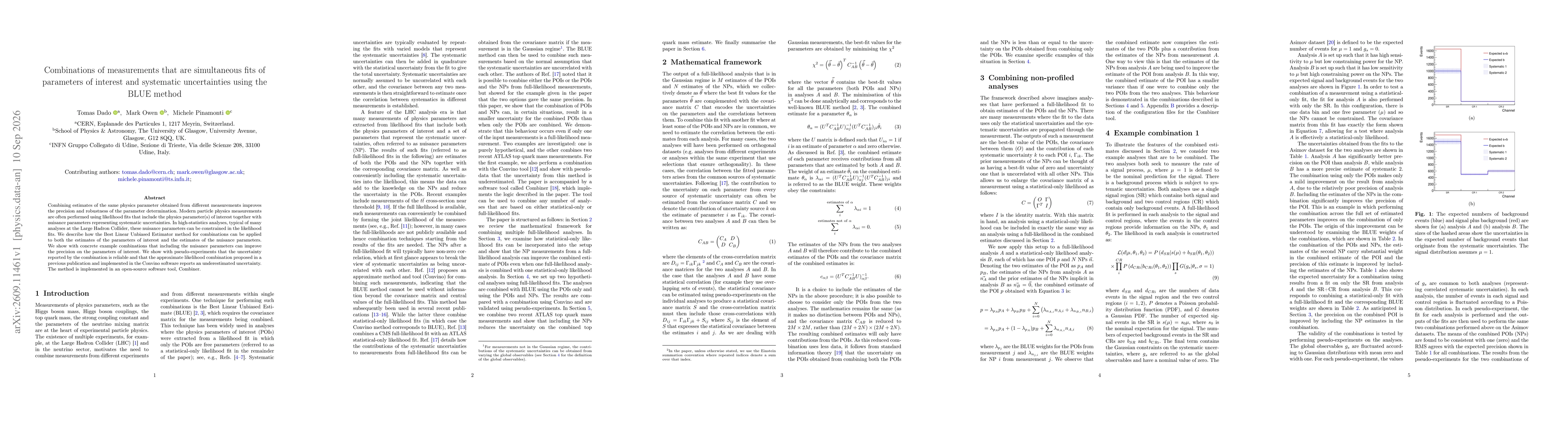 Thumbnail for Combinations of measurements that are simultaneous fits of parameters of interest and systematic uncertainties using the BLUE method