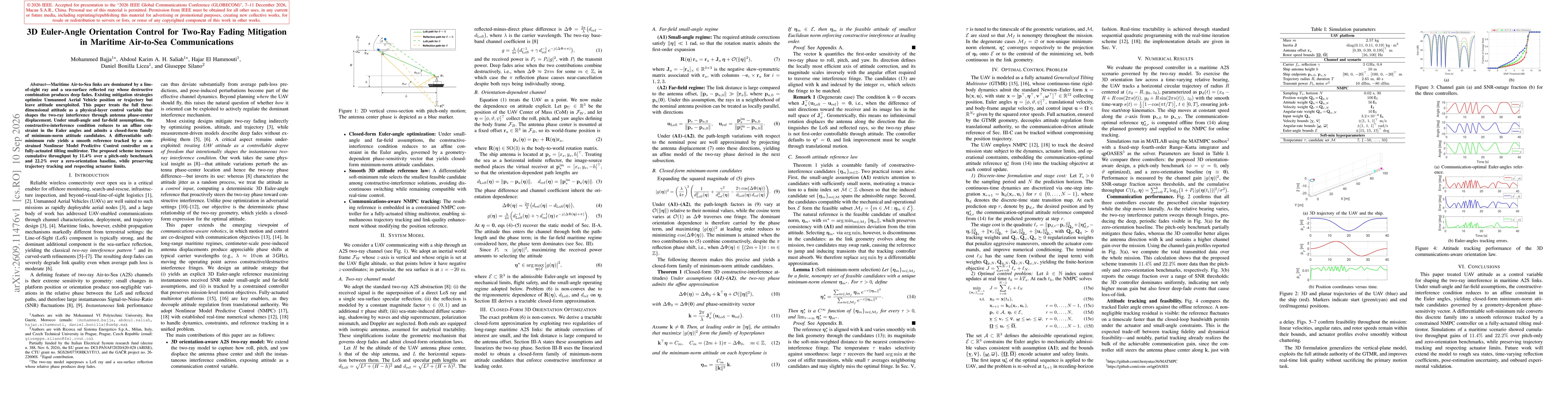 Thumbnail for 3D Euler-Angle Orientation Control for Two-Ray Fading Mitigation in Maritime Air-to-Sea Communications