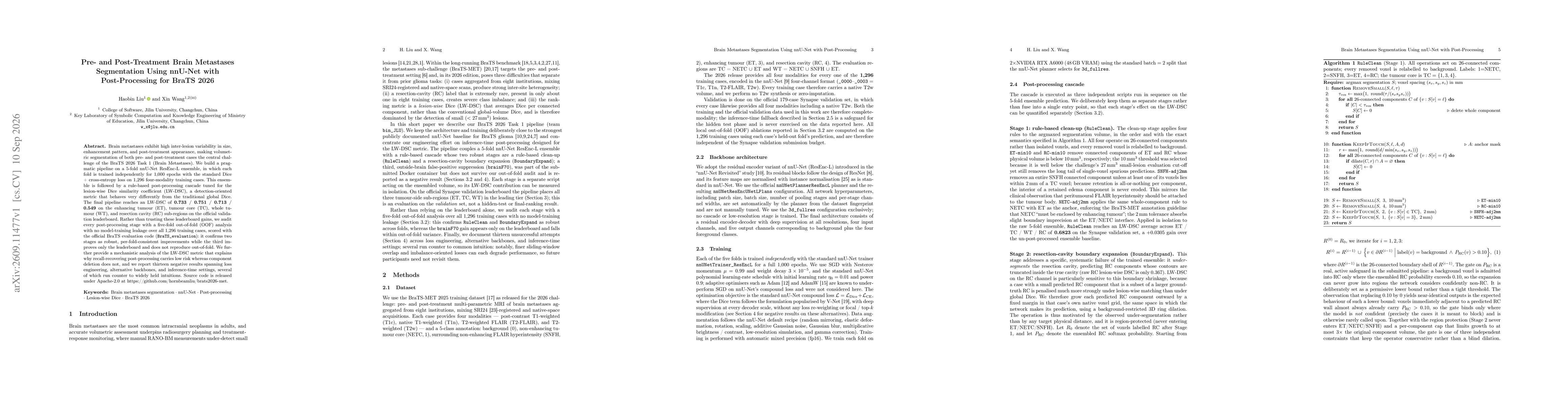 Thumbnail for Pre- and Post-Treatment Brain Metastases Segmentation Using nnU-Net with Post-Processing for BraTS 2026