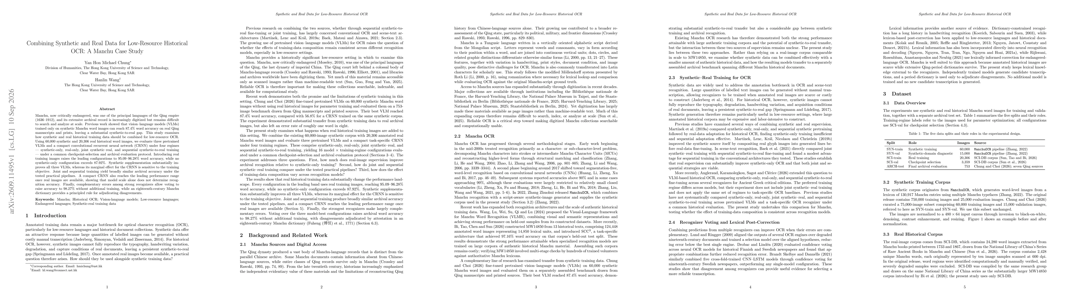 Thumbnail for Combining Synthetic and Real Data for Low-Resource Historical OCR: A Manchu Case Study