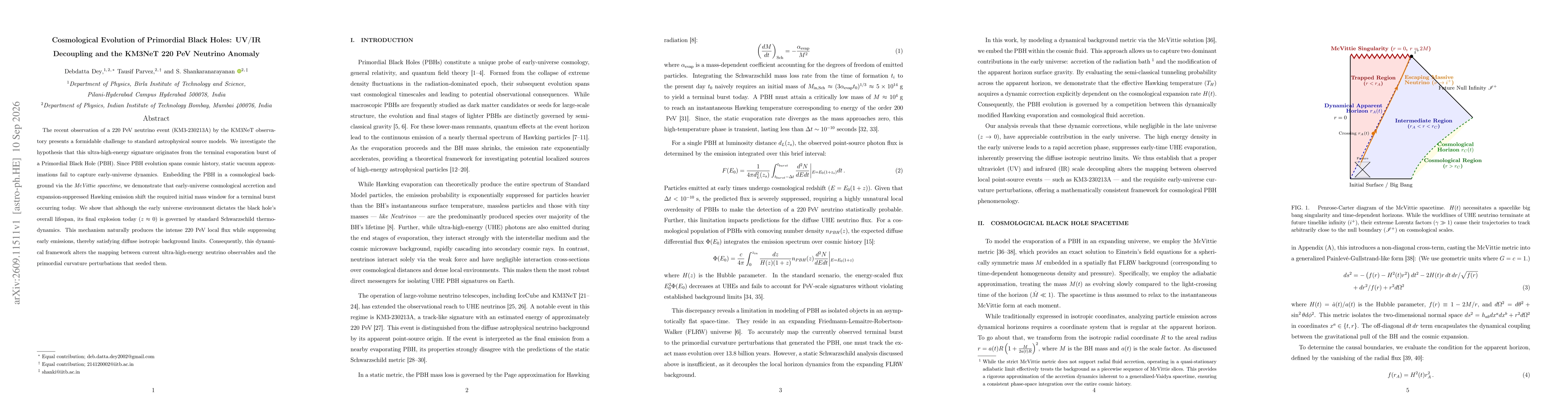 Thumbnail for Cosmological Evolution of Primordial Black Holes: UV/IR Decoupling and the KM3NeT 220 PeV Neutrino Anomaly