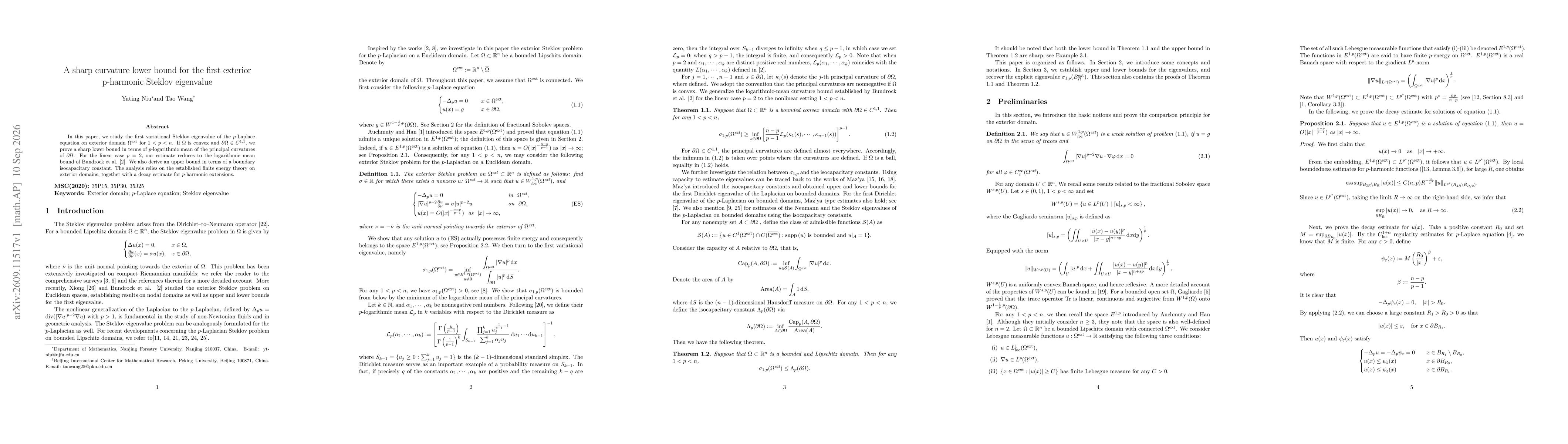 Thumbnail for A sharp curvature lower bound for the first exterior p-harmonic Steklov eigenvalue