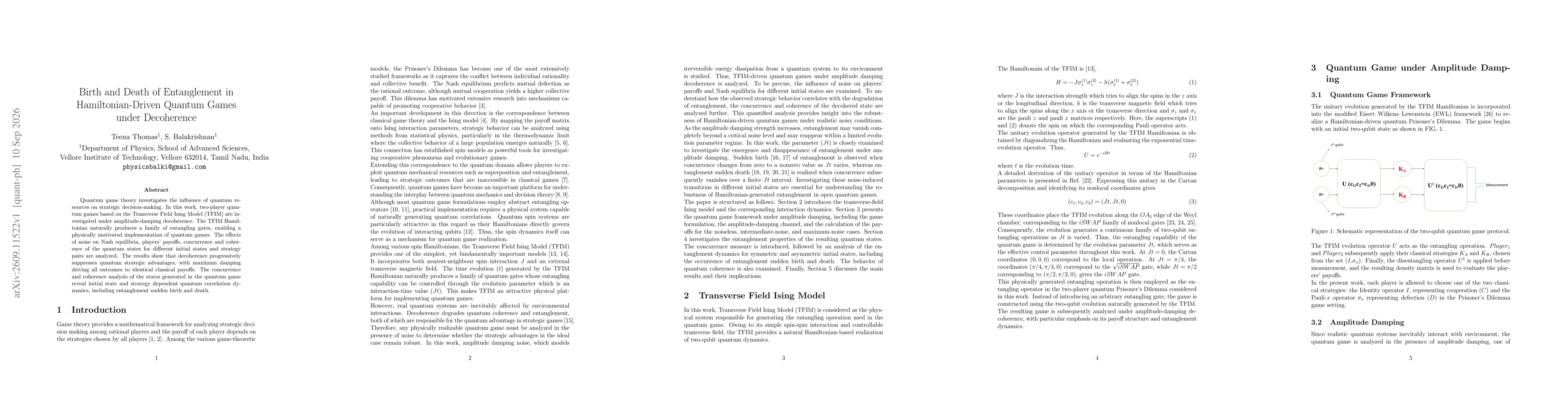 Thumbnail for Birth and Death of Entanglement in Hamiltonian-Driven Quantum Games under Decoherence