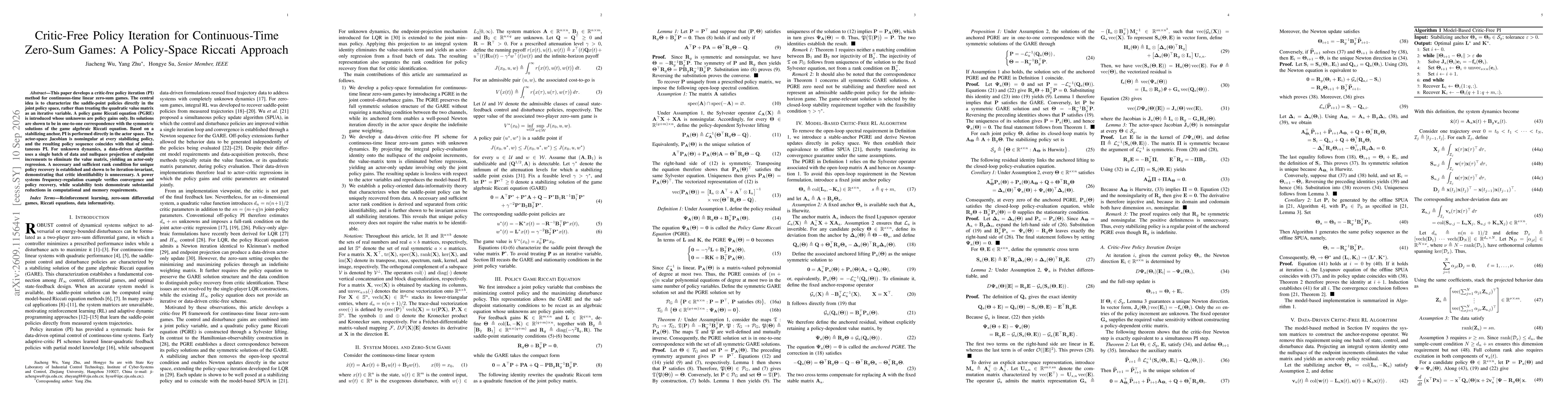 Thumbnail for Critic-Free Policy Iteration for Continuous-Time Zero-Sum Games: A Policy-Space Riccati Approach