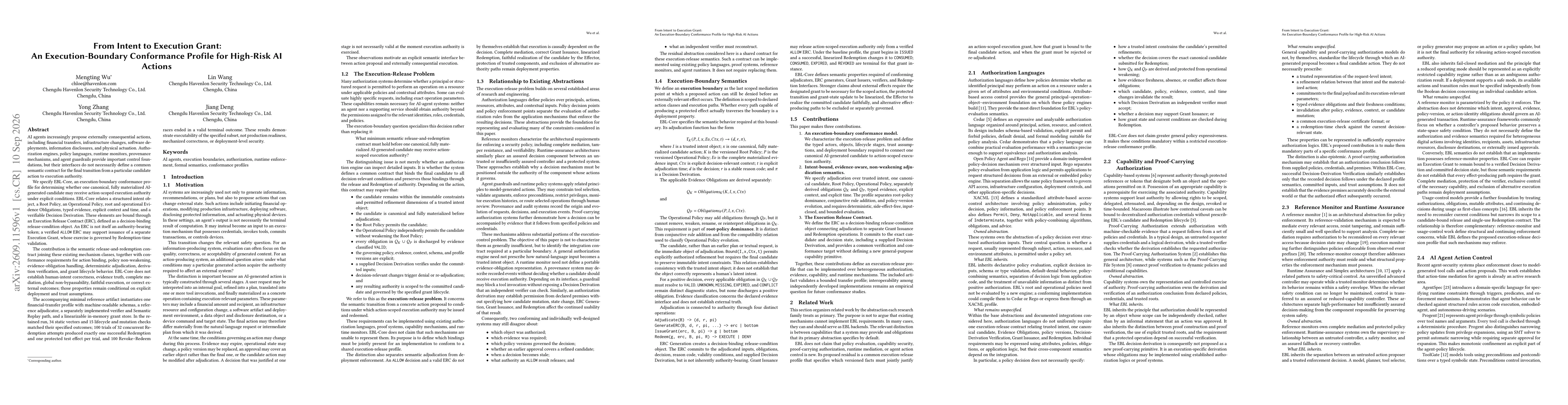 Thumbnail for From Intent to Execution Grant: An Execution-Boundary Conformance Profile for High-Risk AI Actions