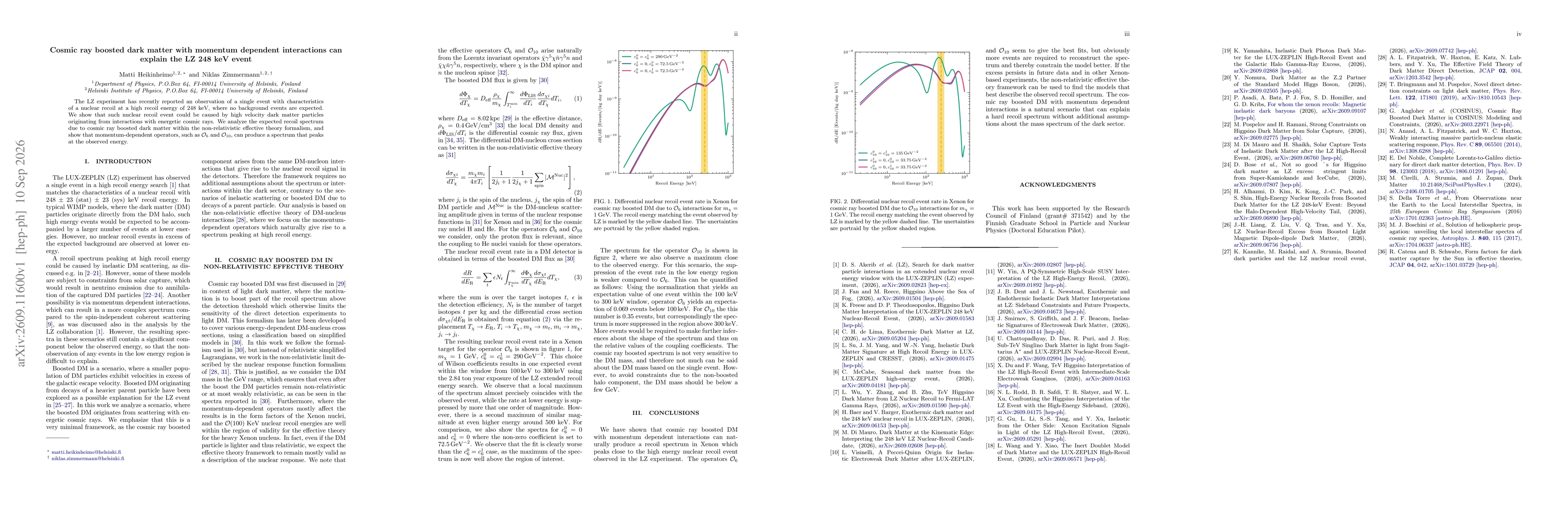 Thumbnail for Cosmic ray boosted dark matter with momentum dependent interactions can explain the LZ 248 keV event