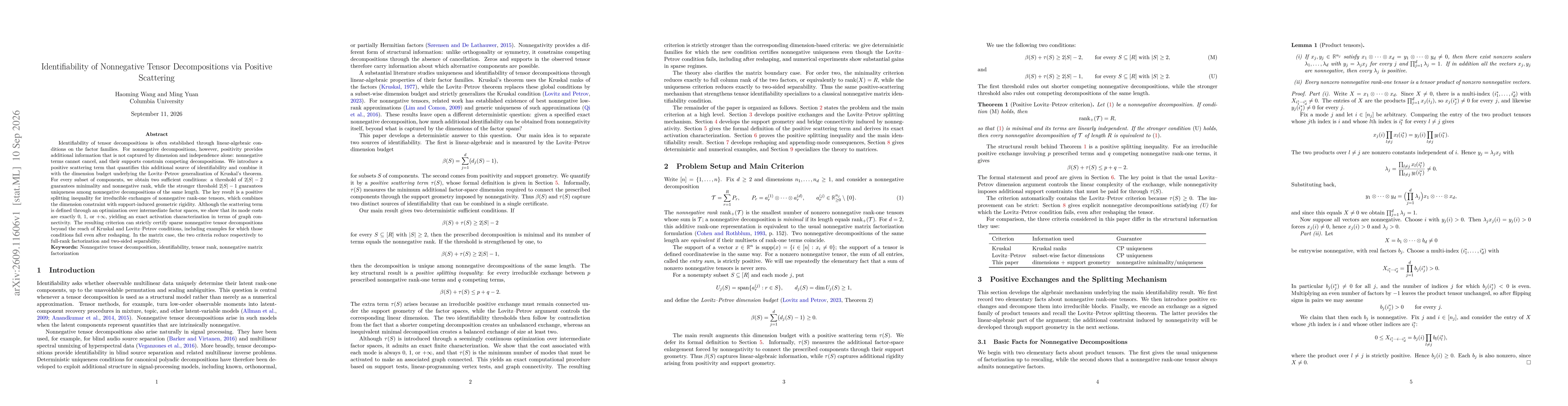 Thumbnail for Identifiability of Nonnegative Tensor Decompositions via Positive Scattering
