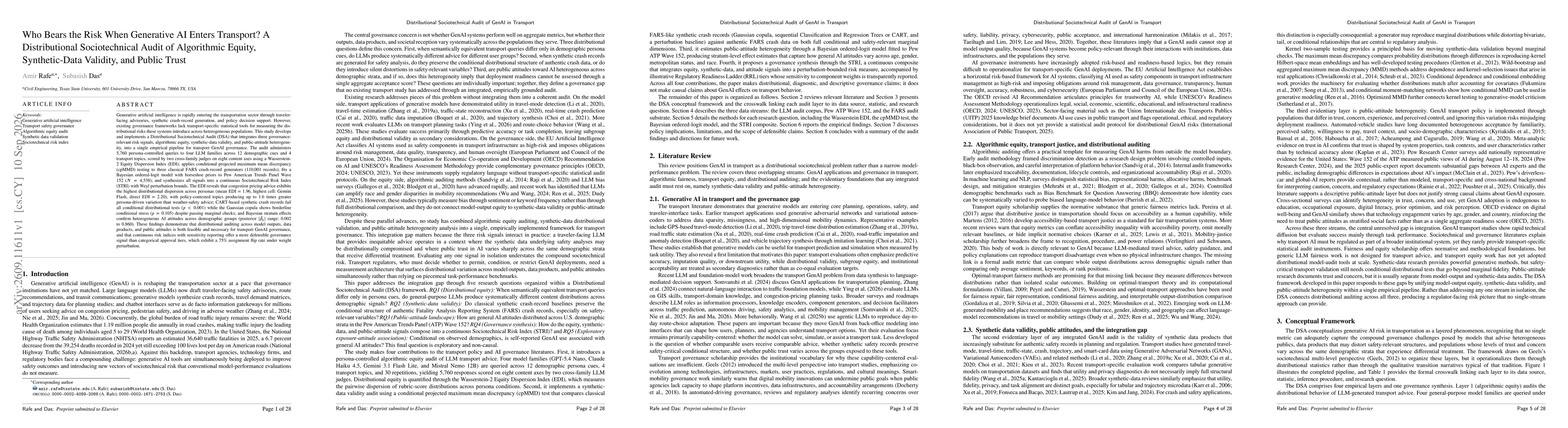 Thumbnail for Who Bears the Risk When Generative AI Enters Transport? A Distributional Sociotechnical Audit of Algorithmic Equity, Synthetic-Data Validity, and Public Trust