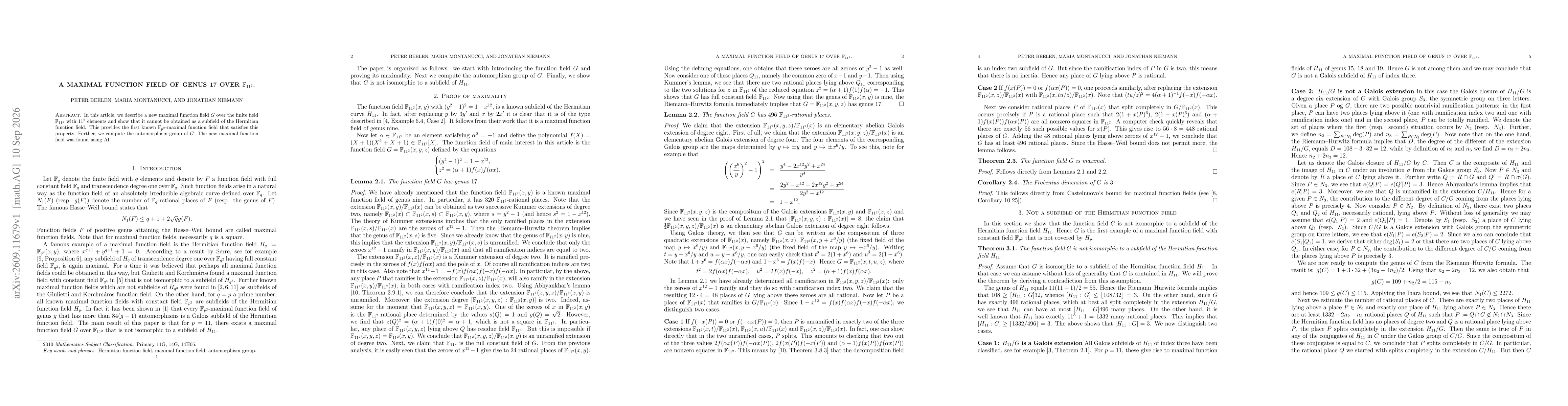 Thumbnail for A maximal function field of genus $17$ over $\mathbb{F}_{11^2}$