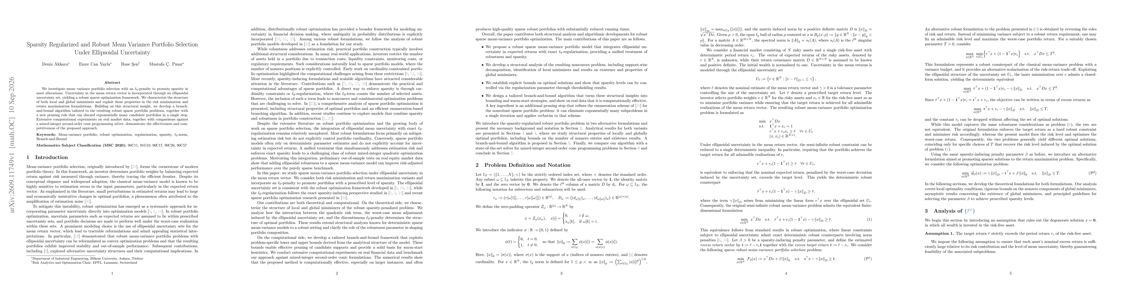 Thumbnail for Sparsity Regularized and Robust Mean Variance Portfolio Selection Under Ellipsoidal Uncertainty