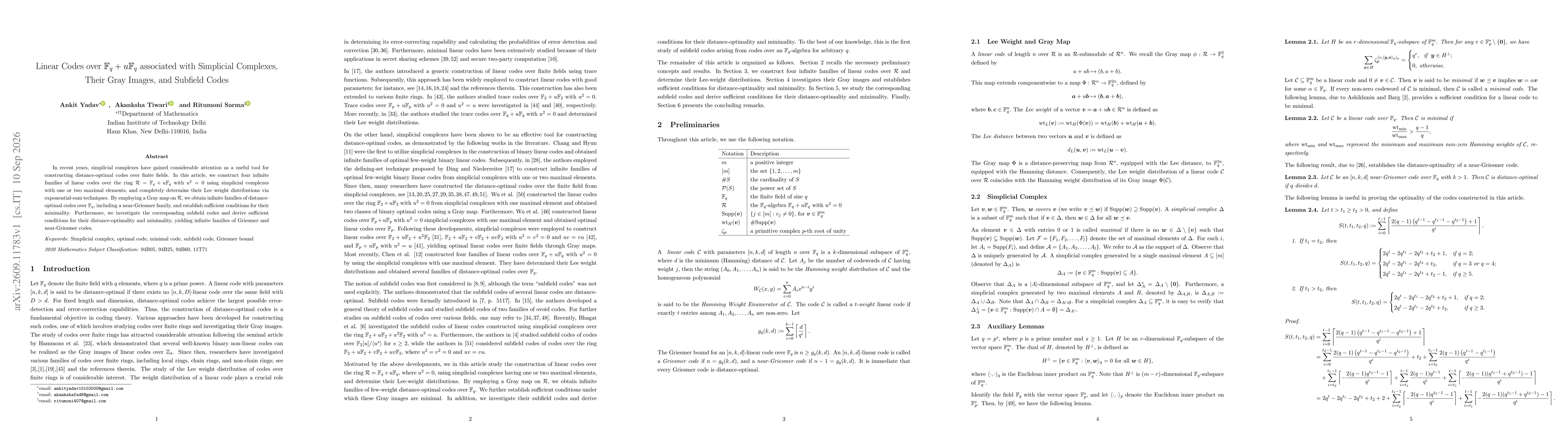 Thumbnail for Linear Codes over $\mathbb{F}_{q}+u\mathbb{F}_{q}$ associated with Simplicial Complexes, Their Gray Images, and Subfield Codes
