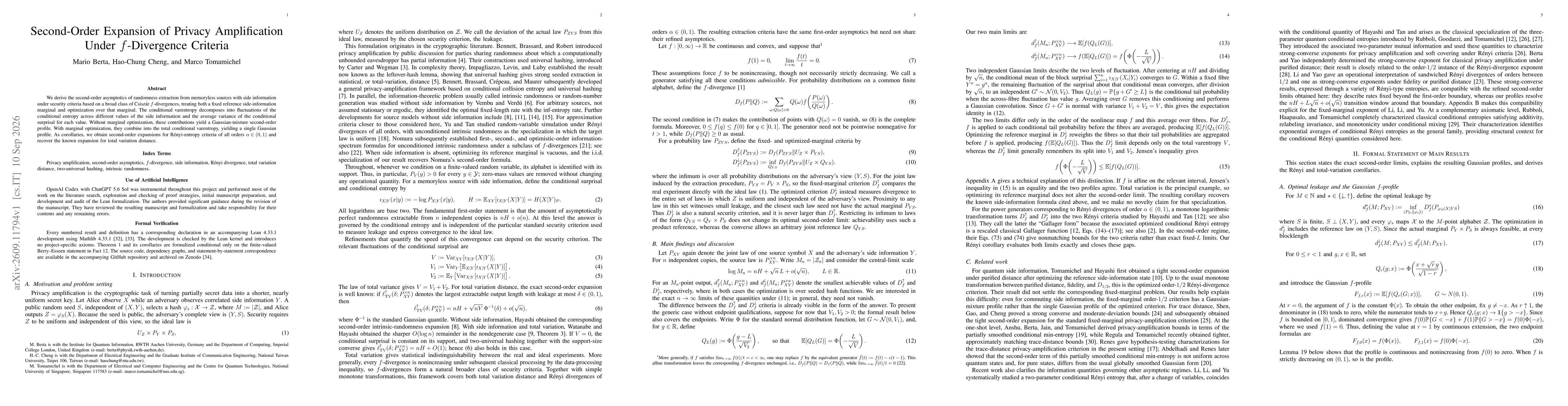 Thumbnail for Second-Order Expansion of Privacy Amplification Under f-Divergence Criteria